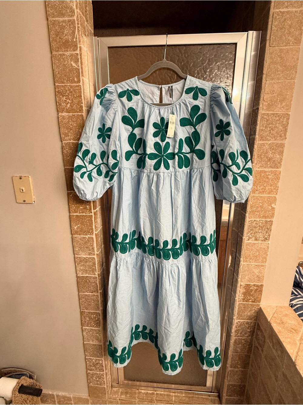 Anthropologie Light Blue Midi Dress with Green Floral Embroidery
